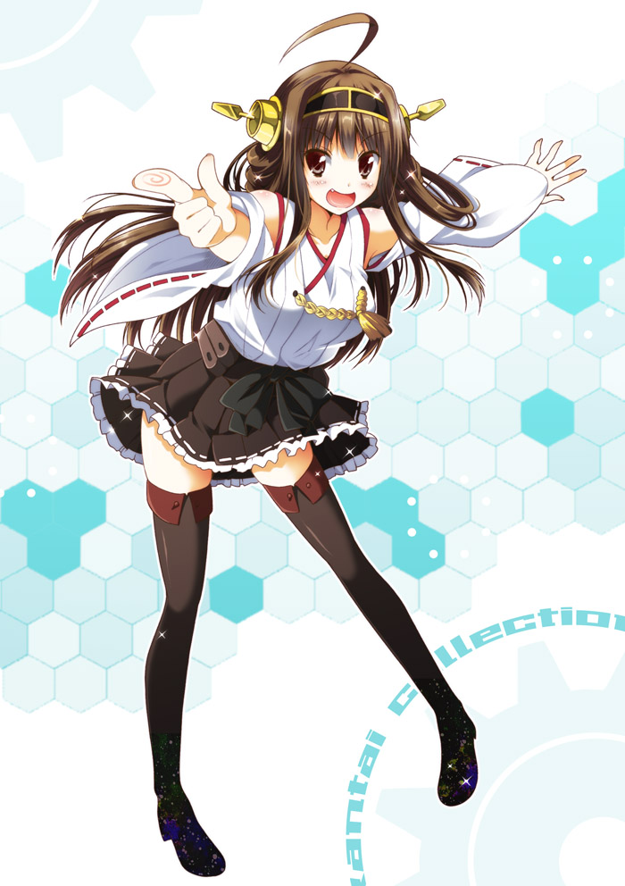 :d ahoge blush boots breasts brown_eyes brown_hair detached_sleeves fang hairband headgear japanese_clothes kantai_collection kongou_(kantai_collection) large_breasts long_hair looking_at_viewer open_mouth pointing pointing_at_viewer skirt smile solo thigh_boots thighhighs utsurogi_angu wide_sleeves zettai_ryouiki