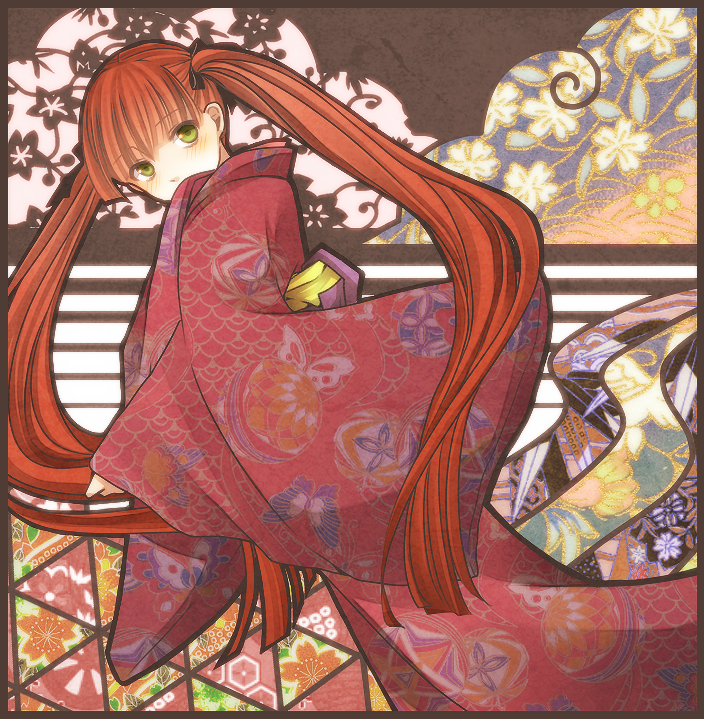 alternate_costume arcana_famiglia ball bug butterfly cloud covering_mouth felicita floral_print green_eyes hair_ribbon insect japanese_clothes kimono long_hair mayupon_(choco_milk) red_hair ribbon temari_ball twintails