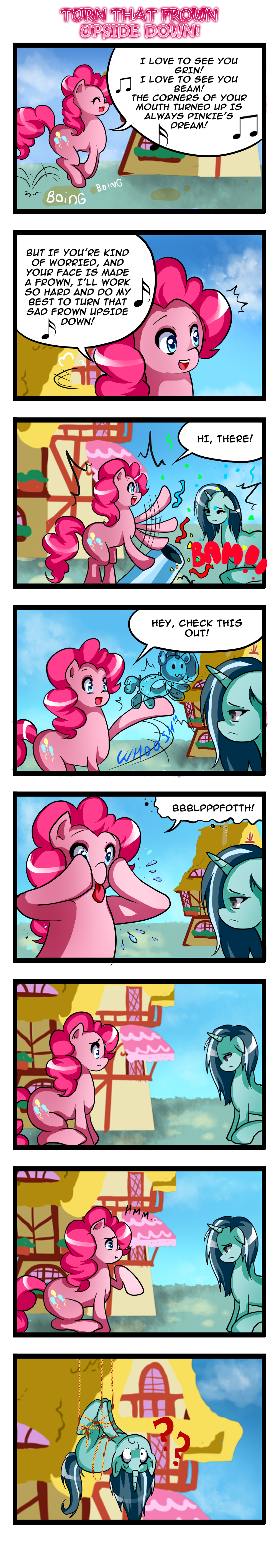 ? comic cutie_mark dialog duo english_text equine facial_hair female feral friendship_is_magic frown fur hair horn horse humor jumping long_hair mammal missyasylum my_little_pony open_mouth original_character pink_fur pink_hair pinkie_pie_(mlp) pony rope singing smile standing text tongue unicorn upside_down