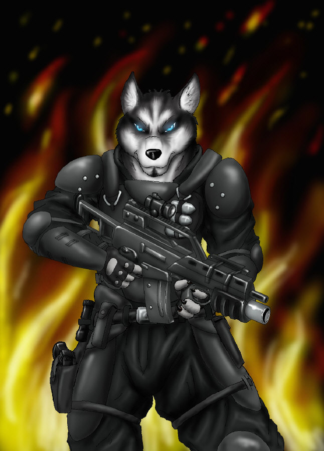 blue_eyes canine dog fire husky looking_at_viewer male military pose soldier solo weapon