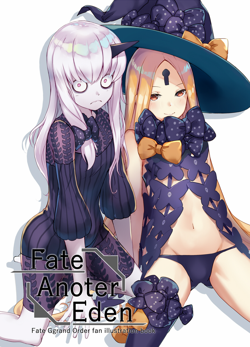 2girls abigail_williams_(fate/grand_order) bangs black_bow black_dress black_hat black_panties blonde_hair blush bow closed_mouth commentary_request copyright_name cover cover_page dress fate/grand_order fate_(series) hair_bow hat hat_bow highres horn lavinia_whateley_(fate/grand_order) long_hair multiple_girls navel orange_bow pale_skin panties parted_bangs red_eyes renka_(renkas) revealing_clothes skull_print smile topless underwear very_long_hair white_background white_hair witch_hat