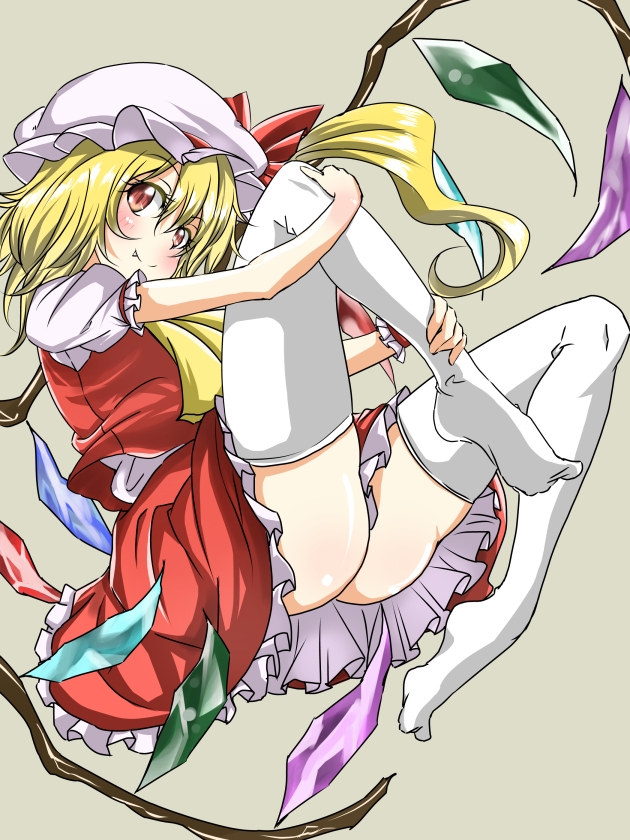ascot blonde_hair blush crystal fang flandre_scarlet grey_background hat naodx puffy_short_sleeves puffy_sleeves red_eyes ribbon short_hair short_sleeves side_ponytail skirt smile solo thighhighs touhou vest white_legwear wings