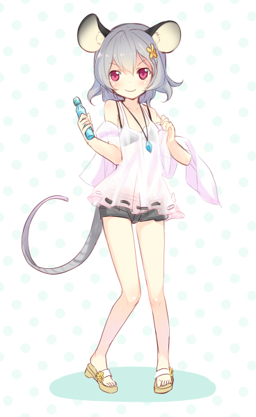 alternate_costume animal_ears bare_shoulders blush camisole detached_sleeves flower hair_flower hair_ornament jewelry looking_at_viewer minamura_haruki mouse_ears mouse_tail nazrin necklace pendant ramune red_eyes short_hair shorts silver_hair sketch smile solo tail touhou