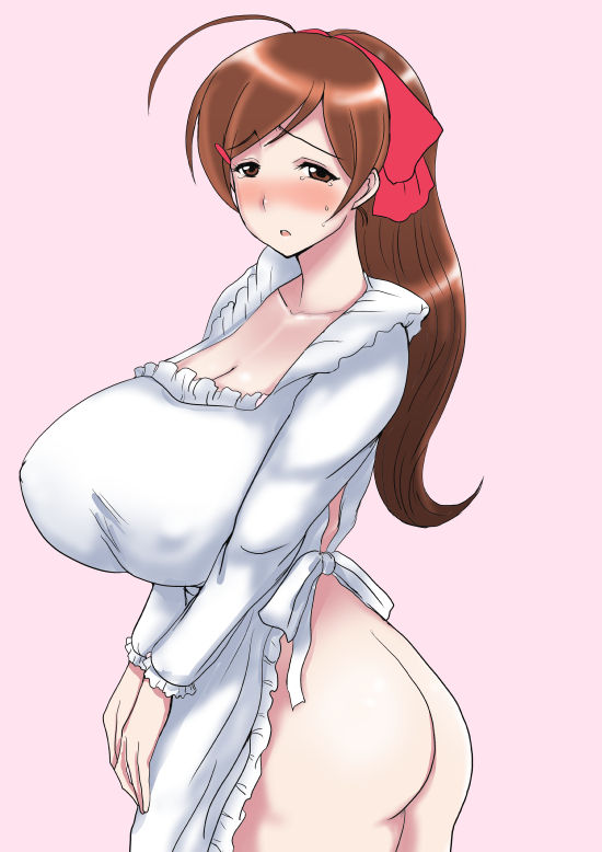 1girl apron aqid ass blush breasts brown_hair covered_nipples erect_nipples female hair_ornament housewife huge_breasts kaneda_(aqid) kantai_collection long_hair mamiya_(kantai_collection) milf naked_apron simple_background solo standing