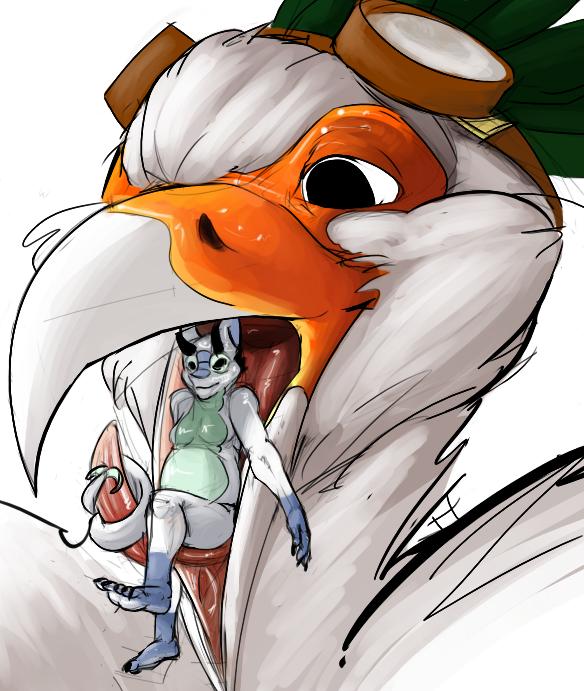 beak bird claws dragon duo eric_the_dragon eyewear futonmania goggles imminent_vore maw_shot mawshot nude plain_background secretary_bird simple_background size_difference toe_claws vorarephilia vore white_background yorick_the_bird