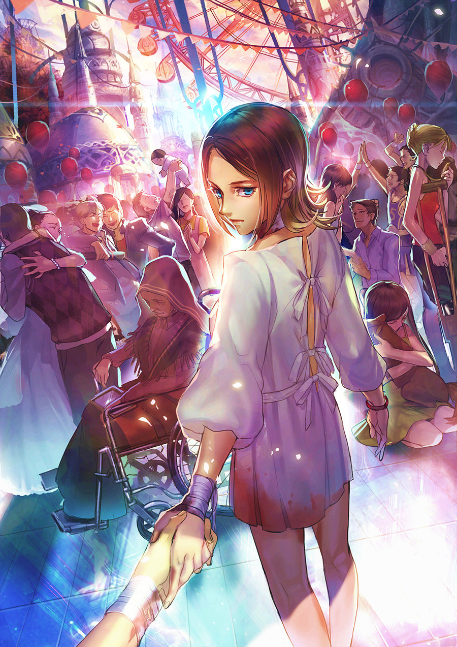 6+girls baby balloon bandages blood blue_eyes brown_hair commentary_request crowd crutch dog ferris_wheel heaven highres holding_hands hospital_gown hug kneepits lens_flare liduke looking_back multiple_boys multiple_girls original out_of_frame pov pov_hands wheelchair
