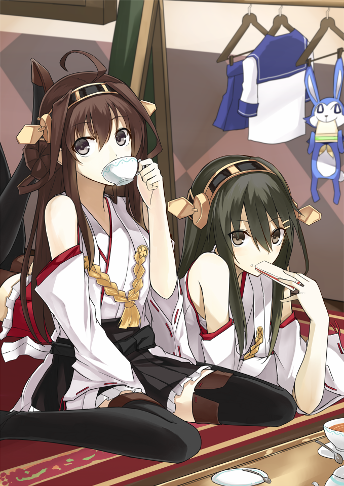 ahoge bare_shoulders black_eyes black_hair boots brown_hair crossed_legs cup detached_sleeves drinking eating food food_on_face hair_ornament hairband haruna_(kantai_collection) headgear japanese_clothes kantai_collection kauto kongou_(kantai_collection) long_hair looking_at_viewer lying multiple_girls on_stomach ribbon-trimmed_sleeves ribbon_trim sitting stuffed_animal stuffed_bunny stuffed_toy teacup thigh_boots thighhighs uniform wariza
