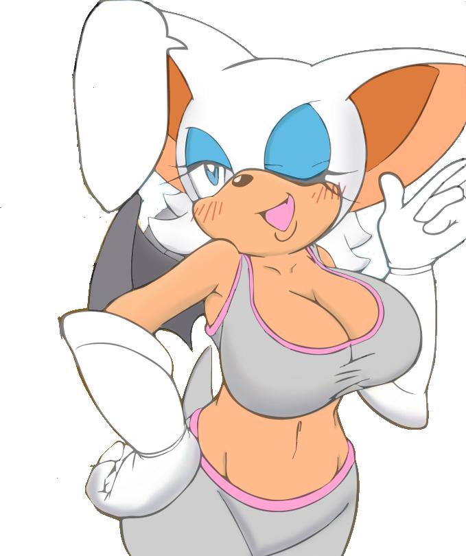 bat big_breasts blue_eyes breasts cleavage clothed clothing female hair mammal michiyoshi navel one_eye_closed open_mouth plain_background rouge_the_bat sega smile solo sonic_(series) white_background white_hair wings wink