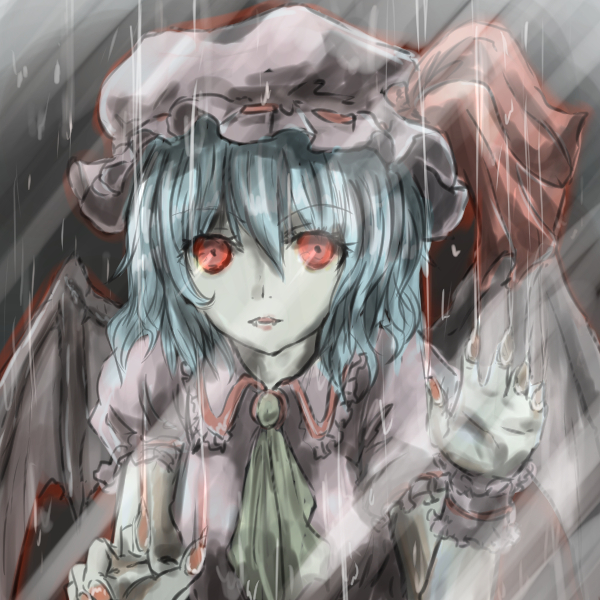 ascot bat_wings benisan blouse blue_hair expressionless fangs fingernails grey_background hands_up hat hat_ribbon light_trail lips looking_at_viewer mob_cap pale_skin rain red_eyes remilia_scarlet ribbon sharp_fingernails short_hair short_sleeves solo touhou wings wrist_cuffs