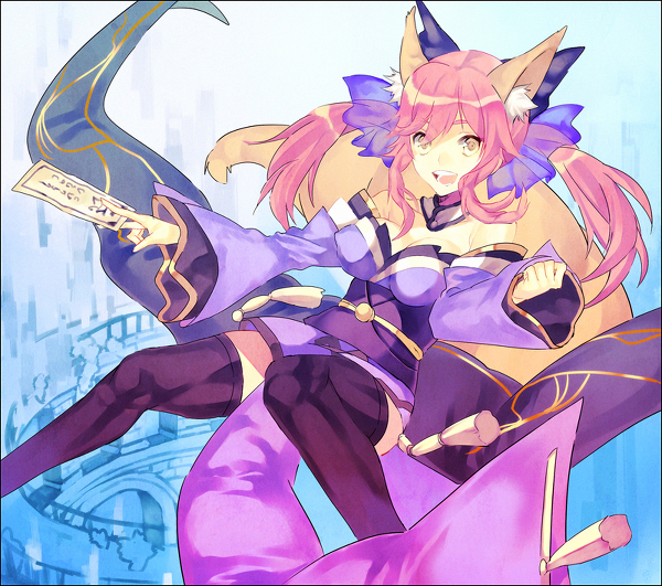 animal_ears bare_shoulders bow breasts detached_sleeves fate/extra fate_(series) fox_ears fox_tail hair_bow hair_ribbon ice-poke japanese_clothes medium_breasts ofuda pink_hair ribbon solo tail tamamo_(fate)_(all) tamamo_no_mae_(fate) thighhighs twintails yellow_eyes