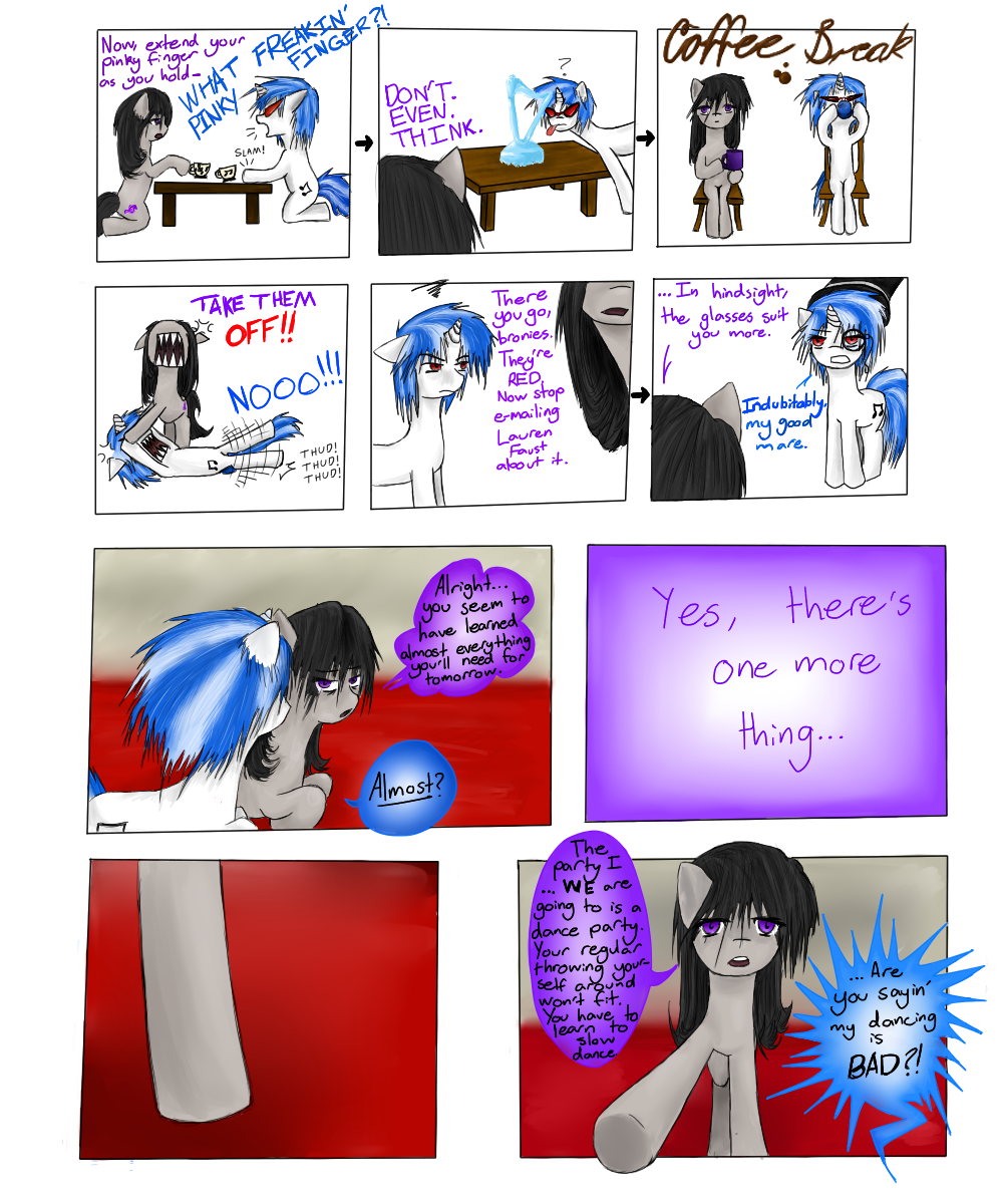? angry annoyed black_hair blue_hair chair coffee comic cup cutie_mark dialog drinking english_text equine eyewear fancy female feral friendship_is_magic fur grey_fur hair harp hat hewhoerasesmost horn horse ice inside lying mammal monocle musical_instrument my_little_pony octavia_(mlp) on_back open_mouth pony purple_eyes red_eyes sculpture sharp_teeth sitting standing table teeth text top_hat two_tone_hair unicorn vinyl_scratch_(mlp) white_fur