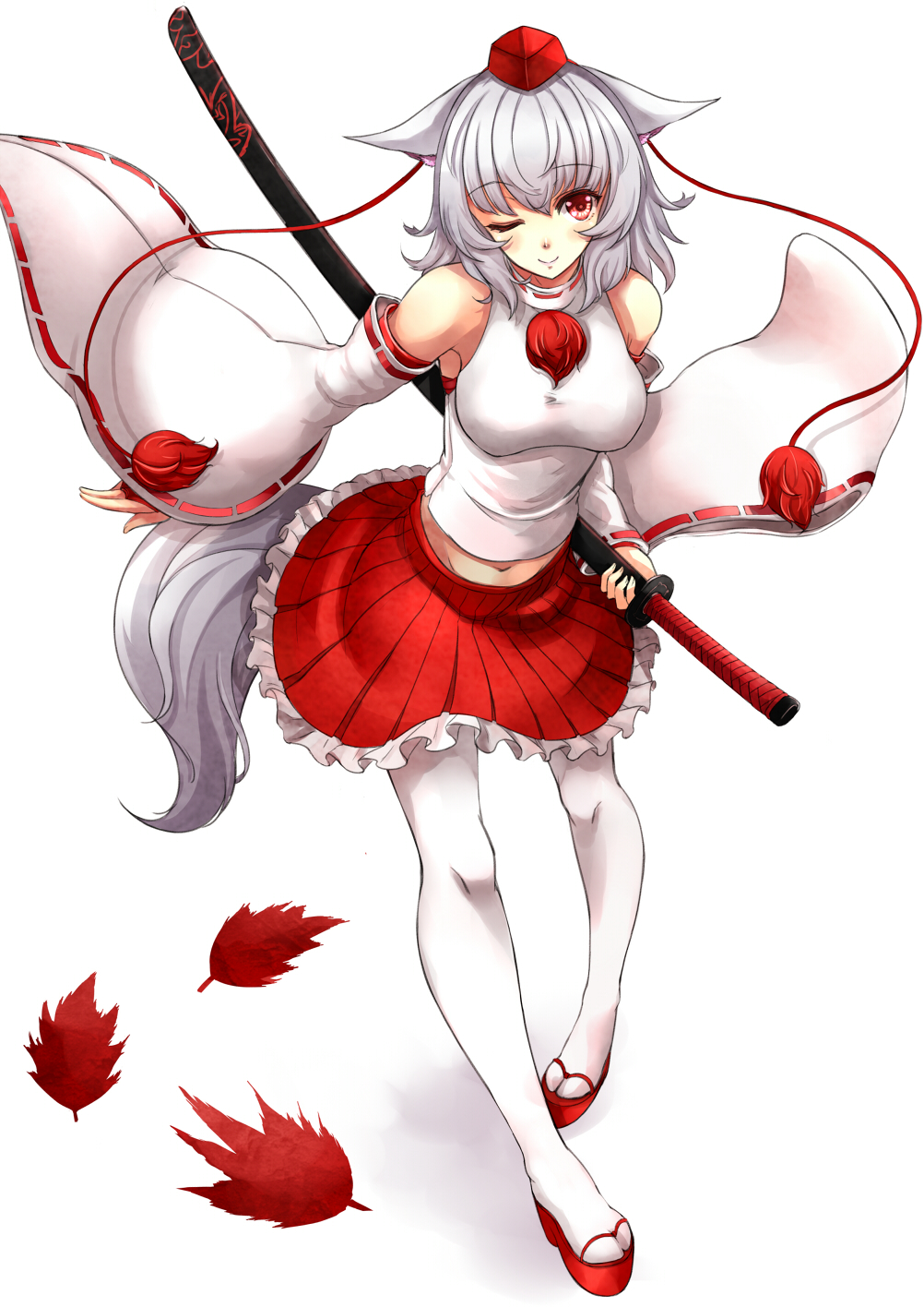 ;) adapted_costume animal_ears asya autumn_leaves bare_shoulders blush breasts closed_mouth detached_sleeves geta hat highres inubashiri_momiji medium_breasts navel one_eye_closed pantyhose red_eyes scabbard sheath sheathed short_hair silver_hair skirt smile solo sword tail tokin_hat touhou weapon white_legwear wolf_ears wolf_tail