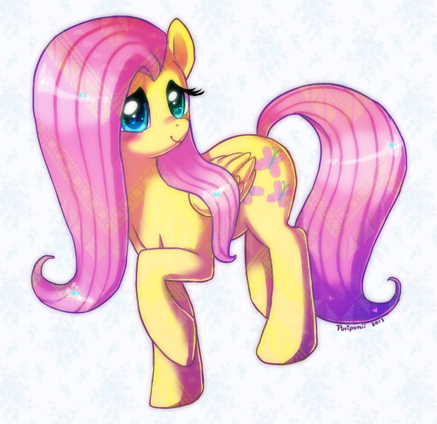 blue_eyes blush cutie_mark equine female feral fluttershy_(mlp) friendship_is_magic fur hair horse long_hair mammal my_little_pony pegasus pink_hair pony puriponii smile solo standing wings yellow_fur