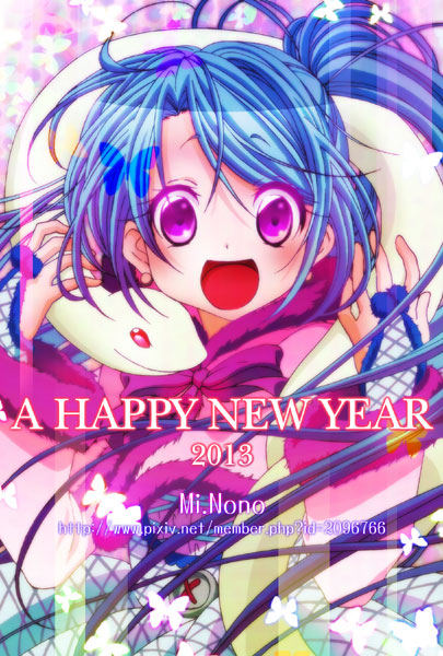 2013 :d albino artist_name avatar_base blow blue_hair blush commentary_request creature earrings english happy_new_year jewelry long_hair looking_at_viewer mi.nono monster new_year open_mouth original pink_eyes ponytail purple_eyes red_eyes smile snake solo tareme watermark web_address
