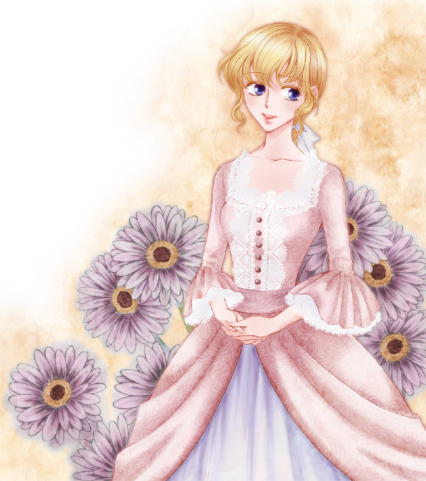 bad_id bad_pixiv_id blonde_hair blue_eyes dress floral_background flower gown hands_clasped j2_(joki455) lace own_hands_together pink_dress ponytail rosalie_lamorliere short_hair smile solo versailles_no_bara wide_sleeves
