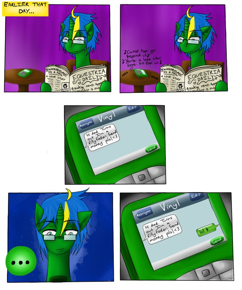 blue_hair cellphone comic english_text equine eyewear feral friendship_is_magic fur glasses green_fur hair hewhoerasesmost horn horse inside male mammal my_little_pony original_character phone pony solo text unicorn