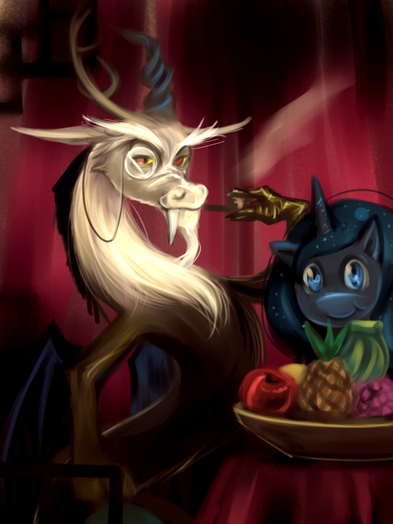 antler apple bakki banana basket blue_eyes blue_hair blush changeling clothing comic discord_(mlp) draconequus duo equine eyewear female feral friendship_is_magic fruit fruit_basket fur grapes hair horn horse long_hair looking_at_viewer male mammal monocle multi-colored_hair my_little_pony open_mouth paint paintbrush painting pineapple pony pose princess princess_luna_(mlp) red_eyes royalty self_portrait smile teeth tongue tooth what winged_unicorn wings