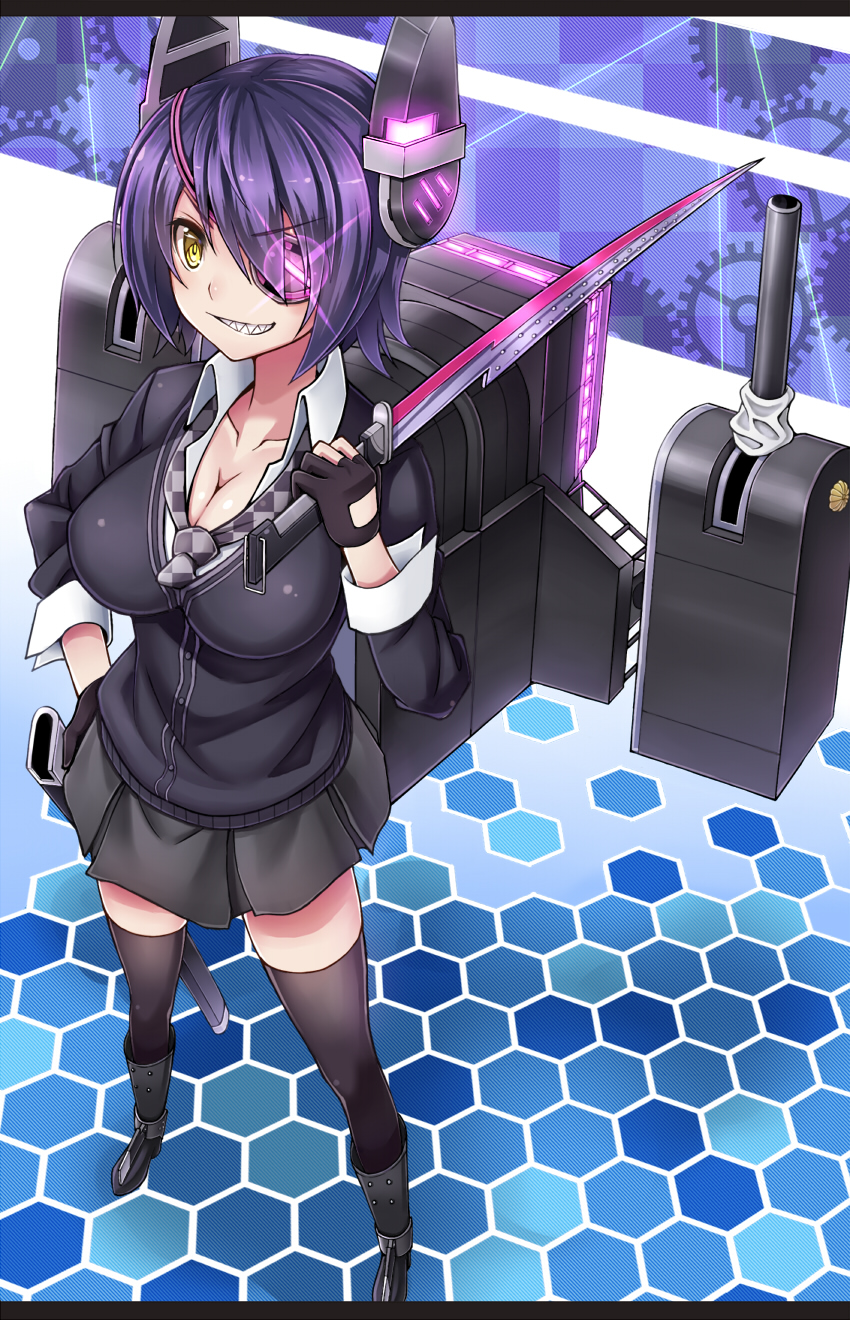boots breasts cannon cleavage eyepatch fingerless_gloves gloves grin headgear highres junnkinn kantai_collection large_breasts left-handed mecha_musume necktie scabbard school_uniform sharp_teeth sheath short_hair skirt smile solo standing sword teeth tenryuu_(kantai_collection) thighhighs weapon yellow_eyes