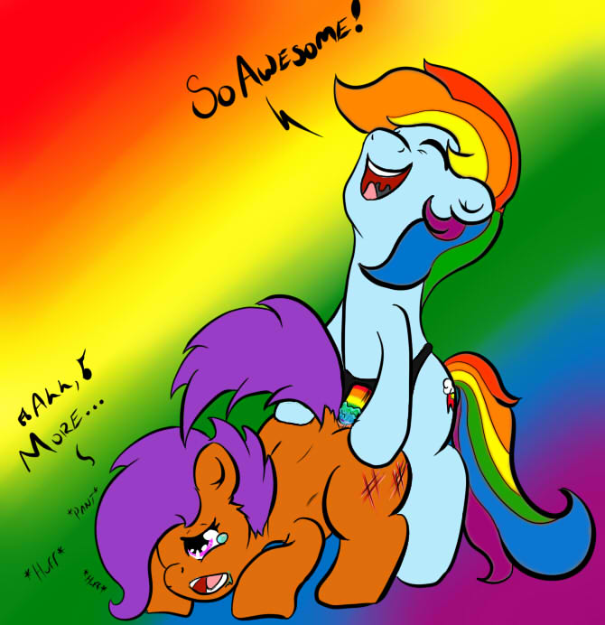 anal blue_fur cub dildo duo english_text equine female feral friendship_is_magic fur hair horse lesbian mammal multi-colored_hair my_little_pony penetration plain_background pony purple_hair rainbow_background rainbow_dash_(mlp) rainbow_hair scootaloo_(mlp) sex sex_toy strapon tears text young