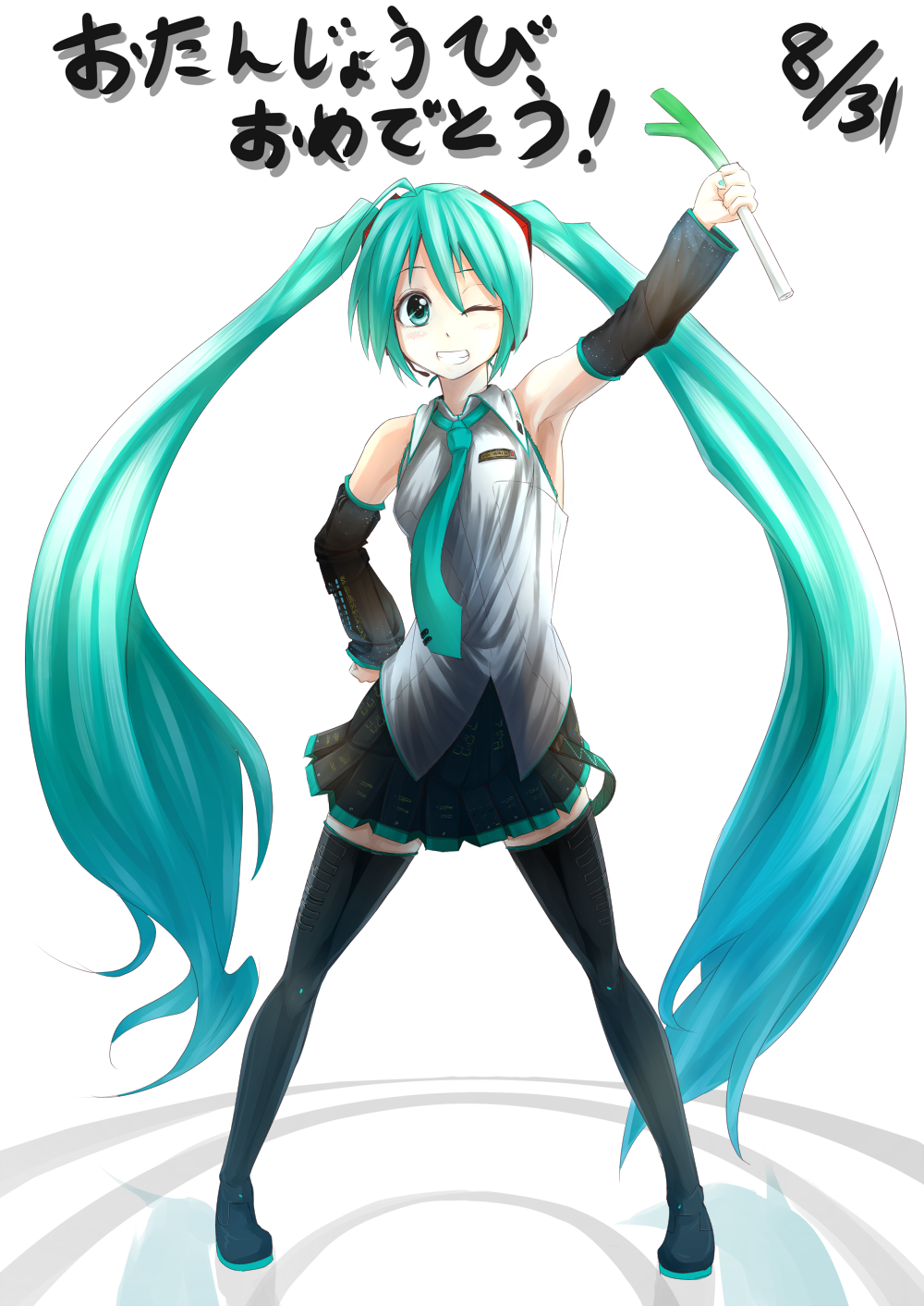;d aqua_eyes aqua_hair arm_up boots dated detached_sleeves grin happy_birthday hatsune_miku hatsune_miku_(vocaloid3) headset highres long_hair necktie one_eye_closed open_mouth skirt smile solo soruto spring_onion thigh_boots thighhighs twintails very_long_hair vocaloid white_background