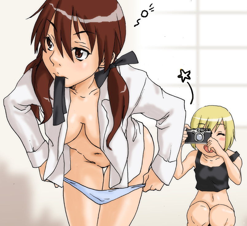 :d blonde_hair breasts brown_eyes brown_hair camera changing_clothes collarbone erica_hartmann female_pervert gertrud_barkhorn hutanarimasato large_breasts leaning_forward mouth_hold multiple_girls navel open_mouth panties panty_pull pervert smile squatting strike_witches taking_picture underwear world_witches_series