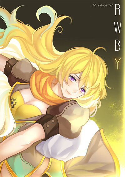 ahoge artist_name blonde_hair breasts cleavage copyright_name dated dy_(372127010) long_hair medium_breasts purple_eyes rwby scarf smile solo yang_xiao_long