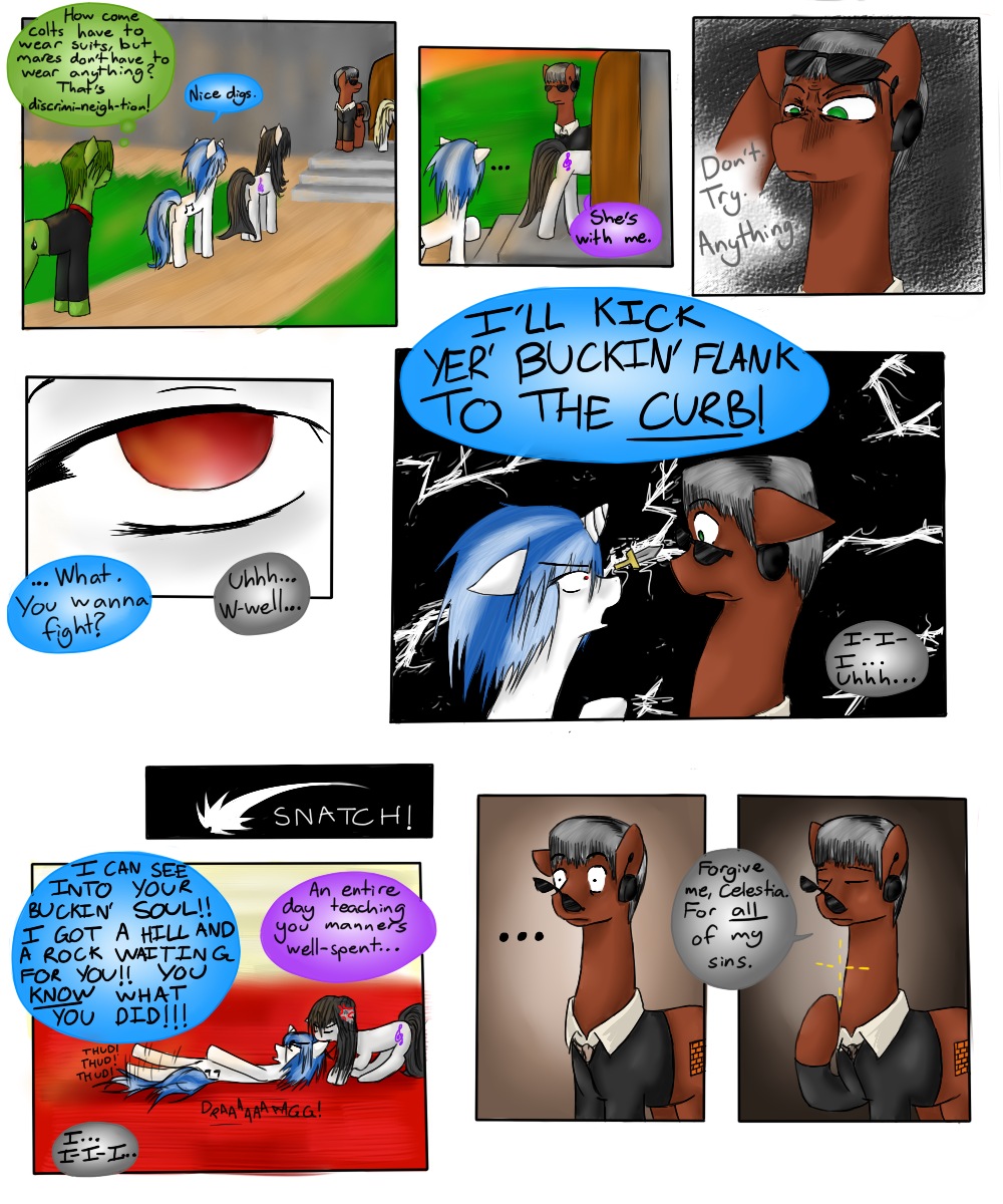 black_hair blue_hair brown_fur comic cutie_mark dialog english_text equine female feral friendship_is_magic fur green_eyes green_fur green_hair grey_fur group hair hewhoerasesmost horn horse lying male mammal my_little_pony octavia_(mlp) on_back outside pony red_eyes standing text two_tone_hair unicorn vinyl_scratch_(mlp) white_fur