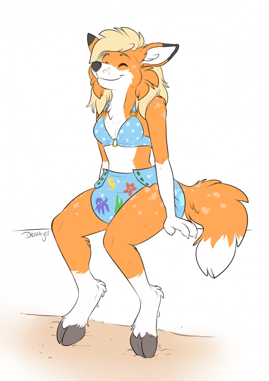 anthro biped black_nose canine cervine claws clothing diaper digitigrade dipstick_tail dracky female fox fur happy humanoid_hands hybrid mammal multicolored_tail red_fox simple_background smile spots spotted_fur swimsuit white_background