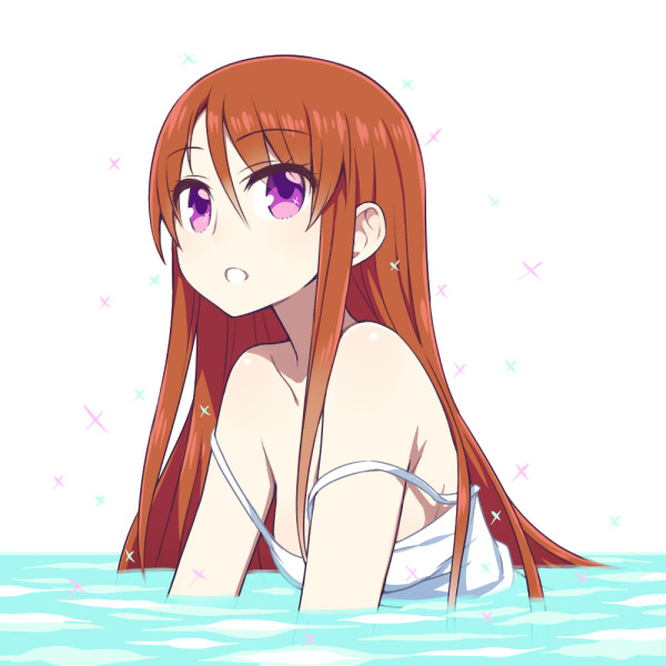 :o aikatsu! aikatsu!_(series) bare_shoulders brown_hair chan_co long_hair parted_lips partially_submerged purple_eyes shibuki_ran simple_background solo strap_slip upper_body wading water white_background