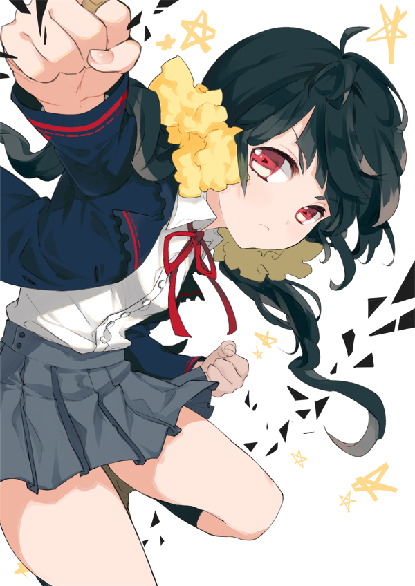 black_hair clenched_hands foreshortening gj jacket long_hair original red_eyes school_uniform scrunchie skirt solo twintails