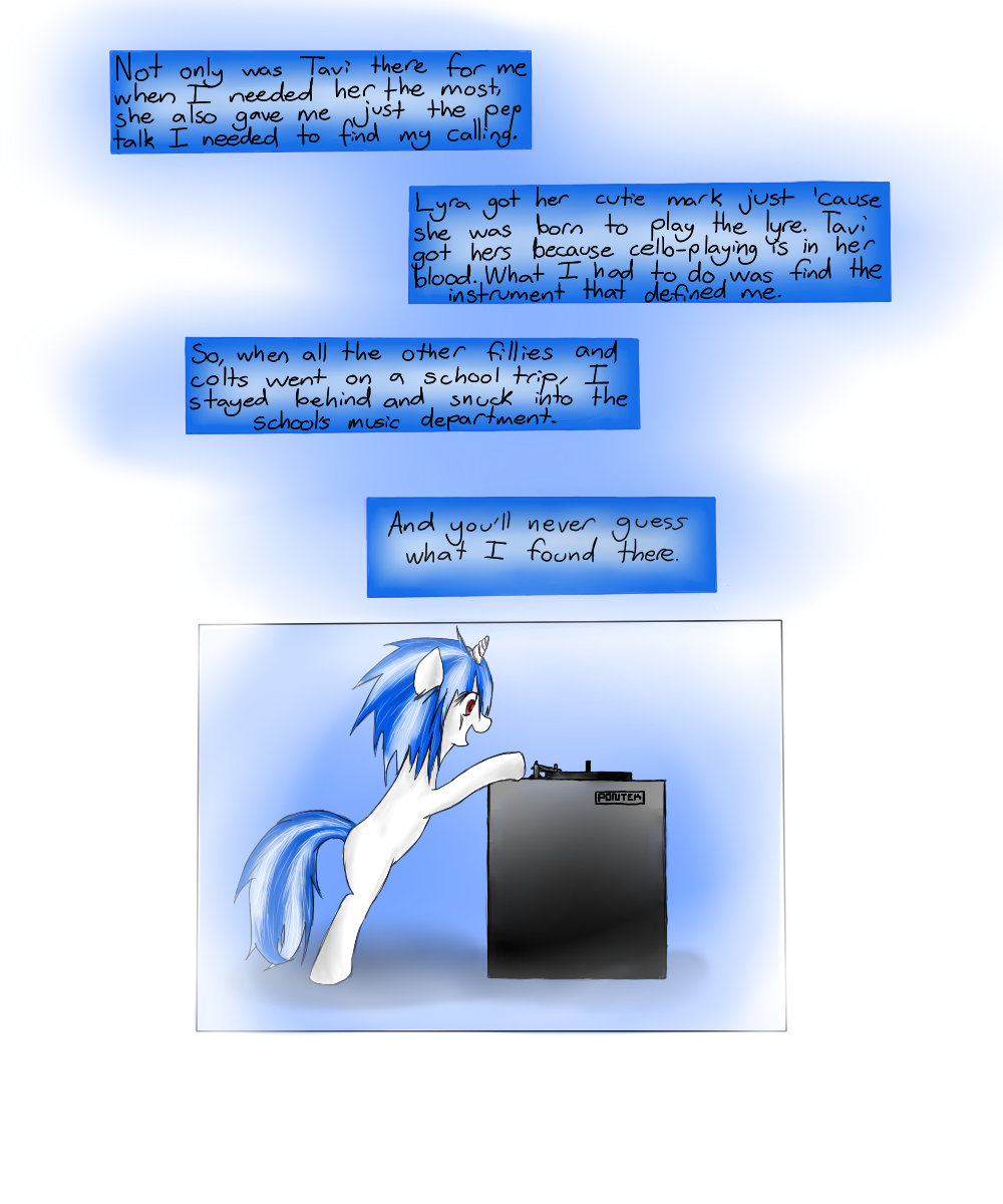 blue_hair comic dialog english_text equine female feral friendship_is_magic fur hair hewhoerasesmost horn horse inside mammal my_little_pony pony red_eyes solo text two_tone_hair unicorn vinyl_scratch_(mlp) white_fur