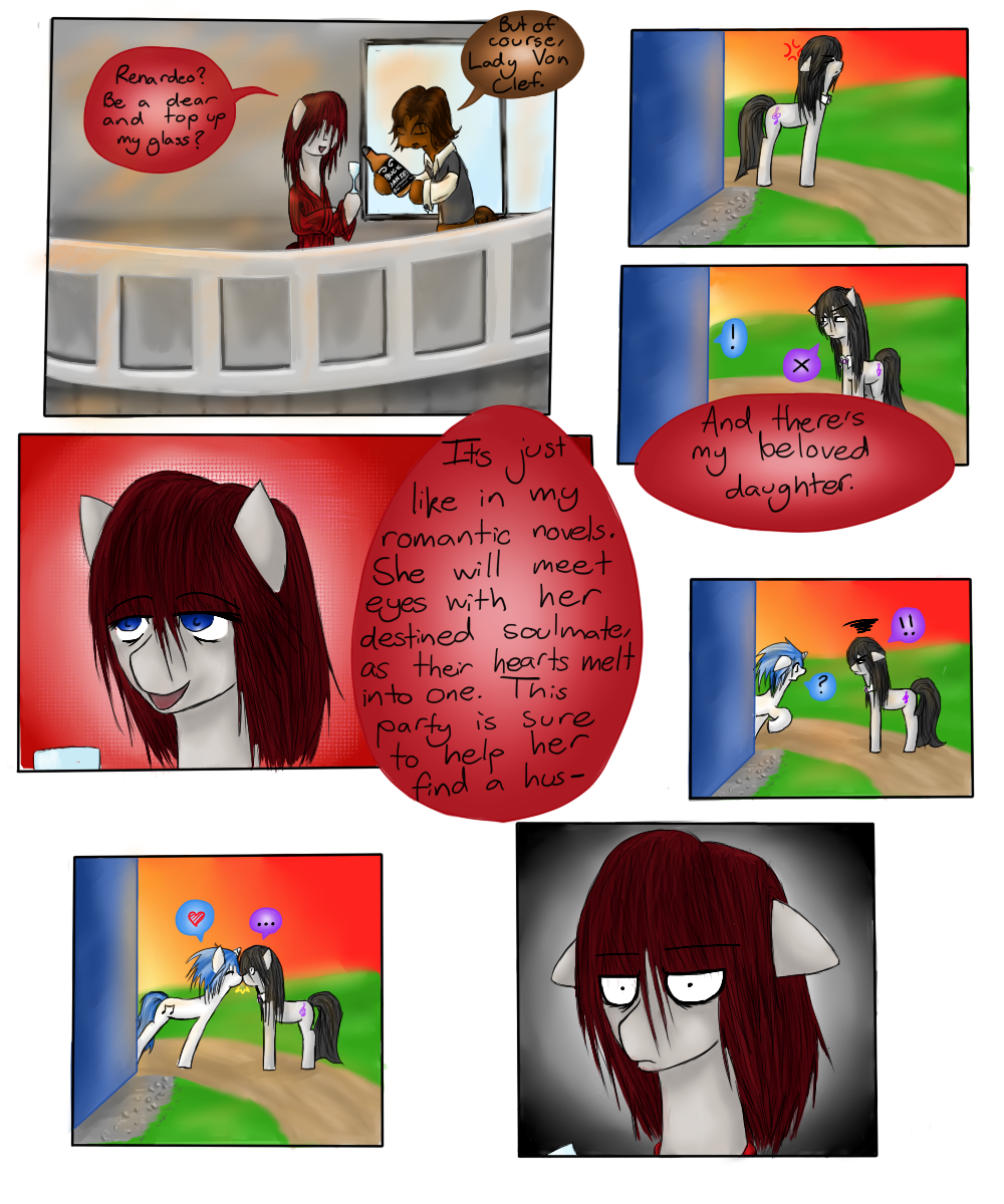 black_hair blue_eyes blue_hair brown_fur brown_hair comic cutie_mark dialog english_text equine female feral friendship_is_magic fur glass grey_fur group hair hewhoerasesmost horn horse kissing male mammal my_little_pony octavia_(mlp) outside pony red_hair standing text two_tone_hair unicorn vinyl_scratch_(mlp) white_fur