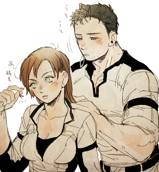 1girl adjusting_hair black_hair blue_eyes blush breasts brown_hair chanko_neru chris_redfield cleavage facial_hair height_difference jill_valentine long_hair medium_breasts mouth_hold muscle resident_evil scrunchie sleeves_rolled_up stubble translated