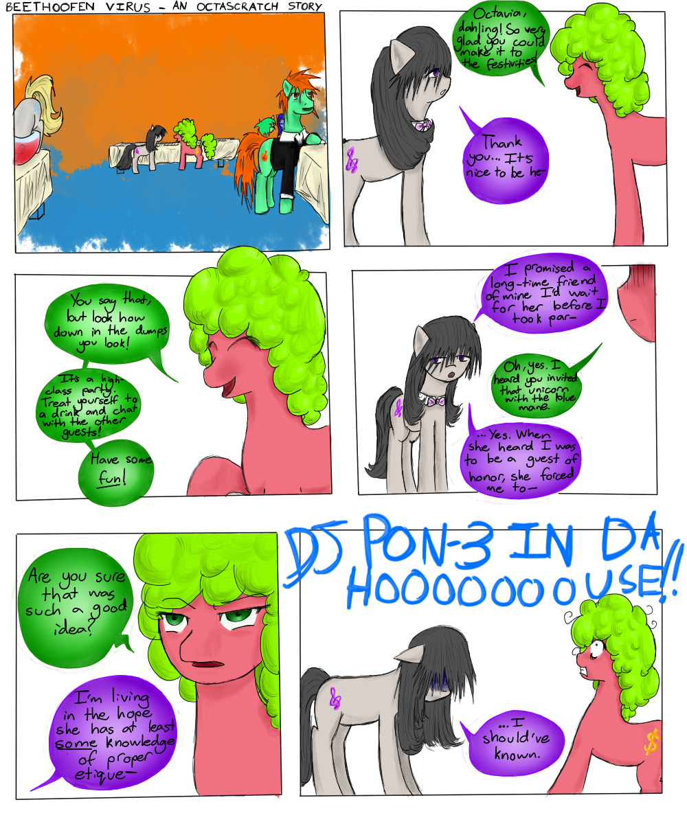 black_hair comic cutie_mark dialog english_text equine eyes_closed female feral friendship_is_magic fur green_eyes green_fur green_hair grey_fur group hair hewhoerasesmost horse inside male mammal my_little_pony octavia_(mlp) orange_hair pink_fur pony purple_eyes standing table text