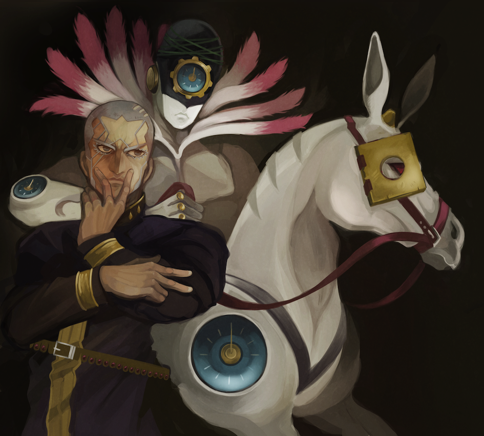 bad_id bad_pixiv_id dark_skin dark_skinned_male enrico_pucci feathers horse jojo_no_kimyou_na_bouken made_in_heaven_(stand) multiple_boys sn2562 stand_(jojo) stone_ocean white_hair