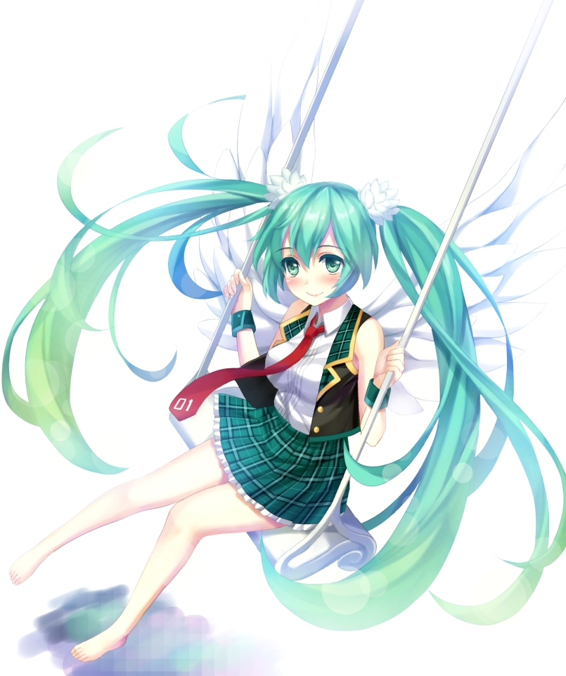 barefoot blush full_body green_eyes green_hair hatsune_miku long_hair looking_at_viewer necktie simple_background sitting smile solo swing swinging tonee twintails very_long_hair vocaloid white_background wings wrist_cuffs