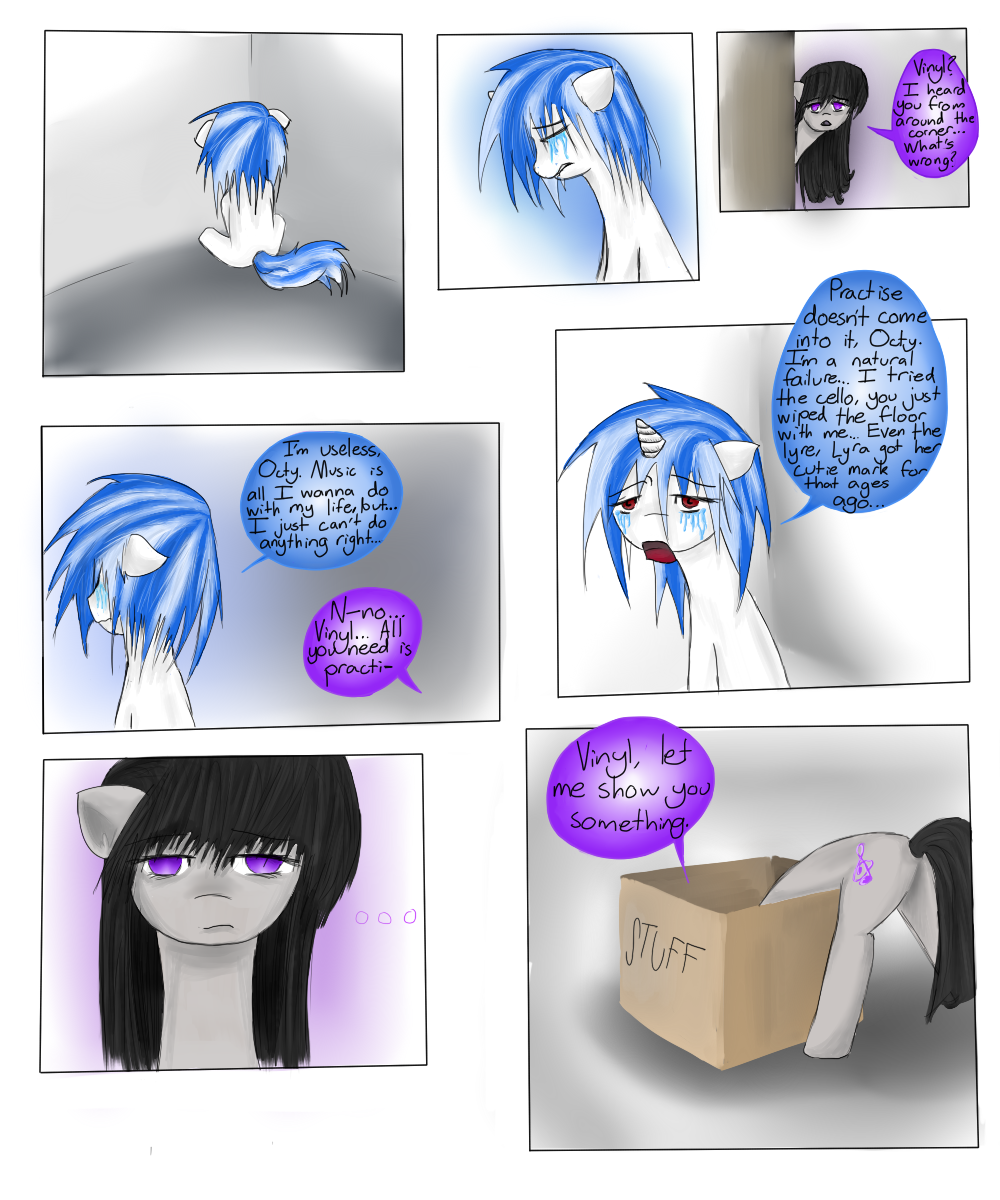 2011 bent_over black_hair blue_hair box comic corner crying cutie_mark dialog duo english_text equine eyes_closed female feral friendship_is_magic fur grey_fur hair hewhoerasesmost horn horse inside mammal my_little_pony octavia_(mlp) pony purple_eyes red_eyes sitting stuff tears text two_tone_hair unicorn vinyl_scratch_(mlp) white_fur young