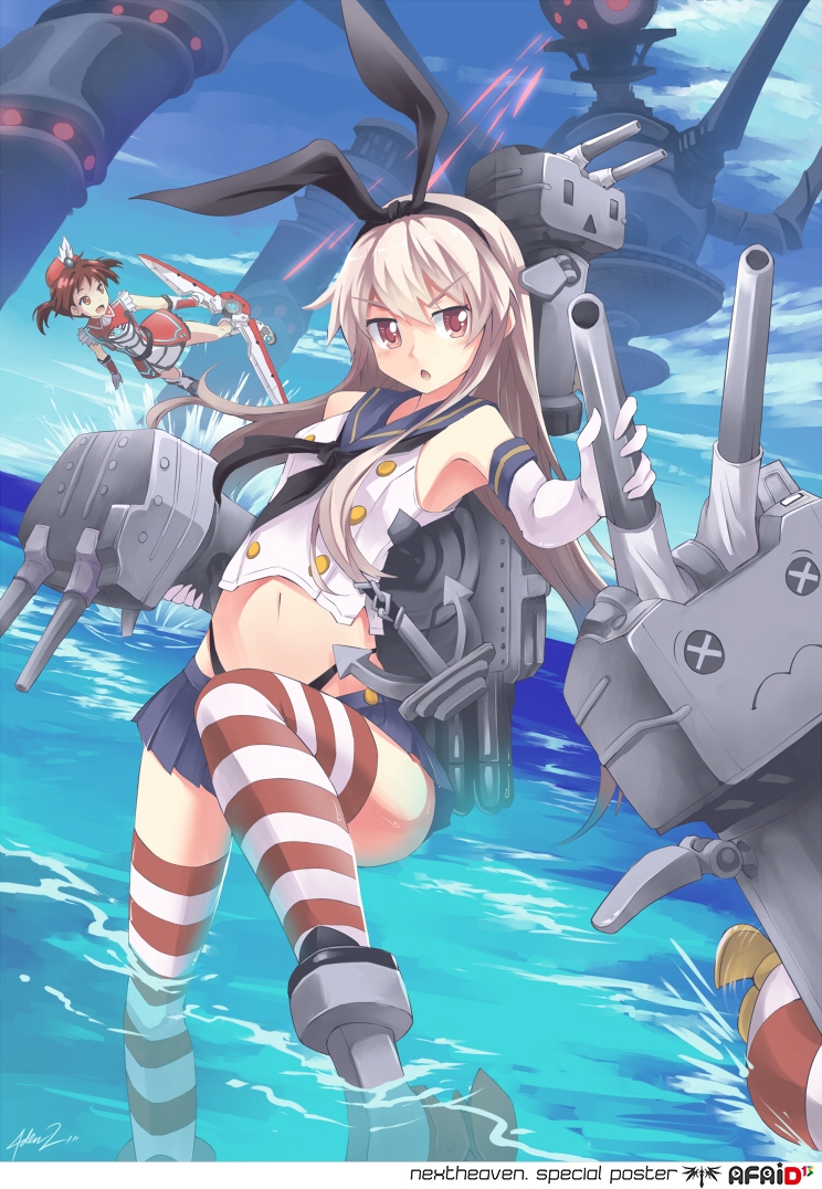 :o anchor black_panties blonde_hair brown_eyes brown_hair chestnut_mouth crossover elbow_gloves gloves hair_ornament hat isshiki_akane kantai_collection lifebuoy long_hair multiple_girls mystic-san open_mouth palette_suit panties red_eyes red_hair rensouhou-chan sakura_ayane seiyuu_connection shimakaze_(kantai_collection) short_hair shorts striped striped_legwear thighhighs twintails underwear v-shaped_eyebrows vividred_operation white_gloves x_x