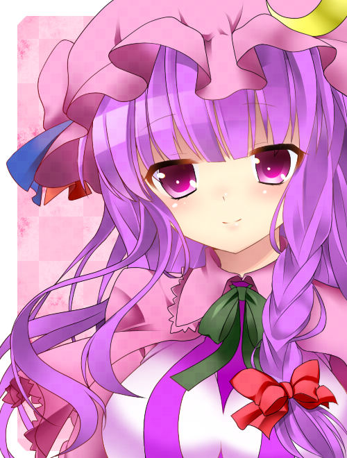 blush breasts colorized hat long_hair looking_at_viewer medium_breasts patchouli_knowledge purple_eyes purple_hair smile solo touhou yami_no_kuroneko