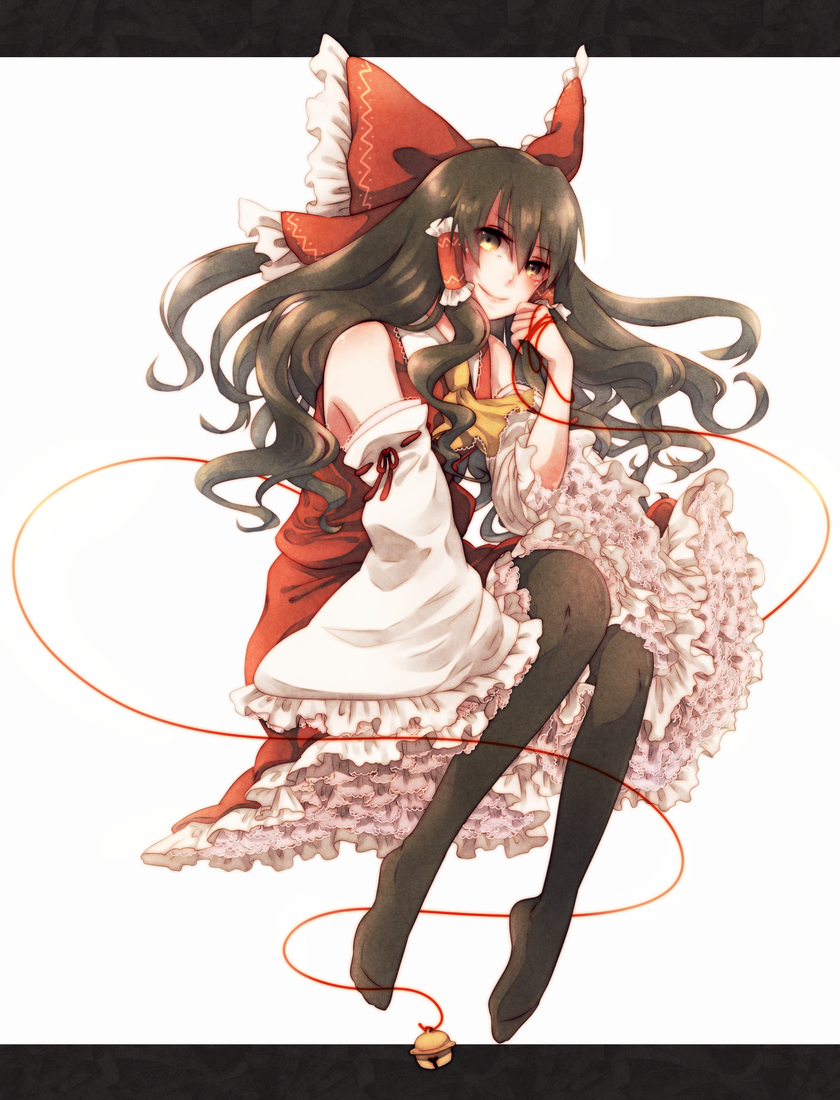 ascot bare_shoulders bell black_legwear bow brown_hair detached_sleeves frills hair_bow hair_tubes hakurei_reimu long_hair no_shoes pantyhose petticoat red_string solo string thighhighs too_many too_many_frills touhou urita_(vivivinicol) wide_sleeves yellow_eyes