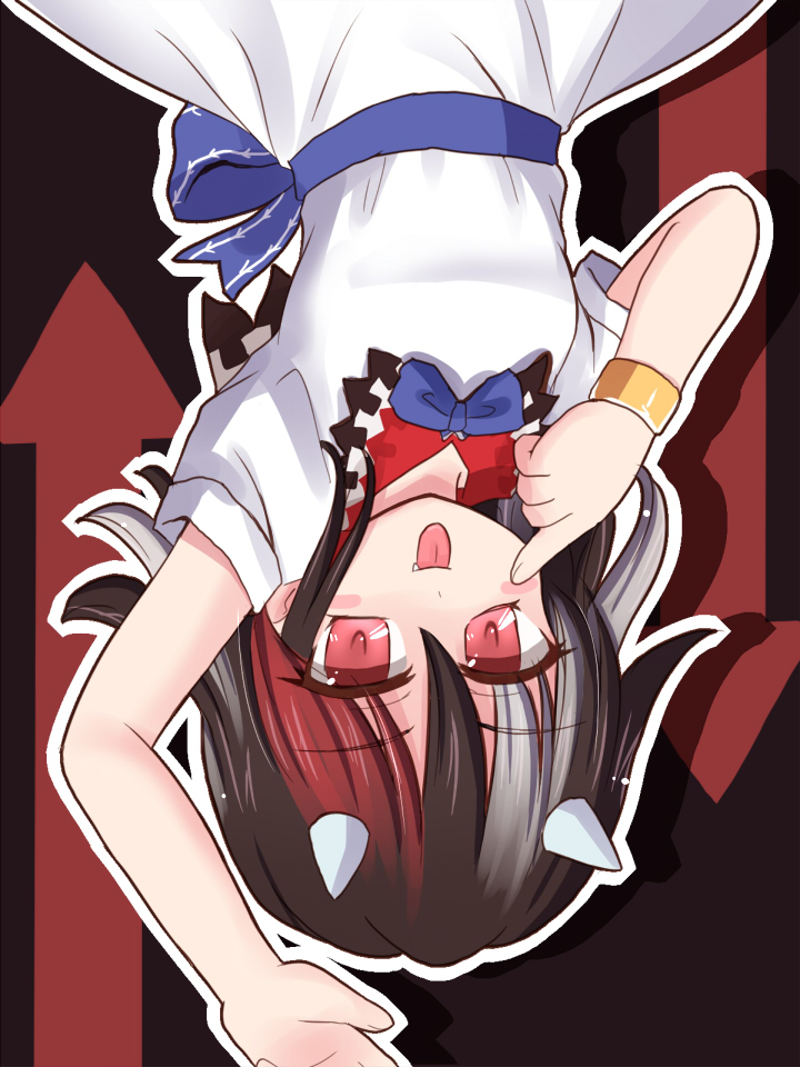 blush dress fang hand_on_own_face horns kijin_seija multicolored_hair red_eyes ribbon ry solo streaked_hair tongue tongue_out touhou upside-down