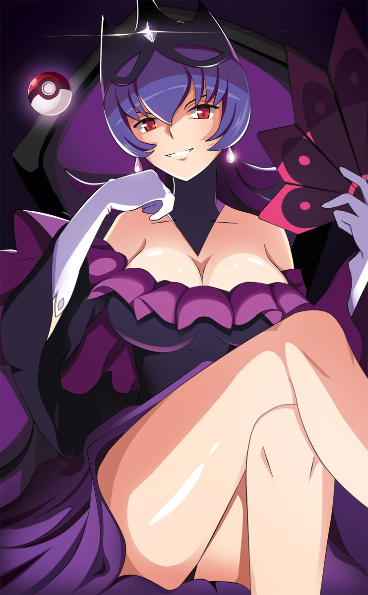 alternate_costume bare_legs bare_shoulders breasts choker cleavage commentary crossed_legs crown dress earrings english_commentary fan flipped_hair frilled_dress frills glint gloves grin highres jewelry large_breasts long_hair looking_at_viewer natsume_(pokemon) poke_ball pokemon pokemon_(game) pokemon_bw2 pokewood purple_dress purple_hair red_eyes sitting smile solo telekinesis throne vivivoovoo white_gloves wide_sleeves