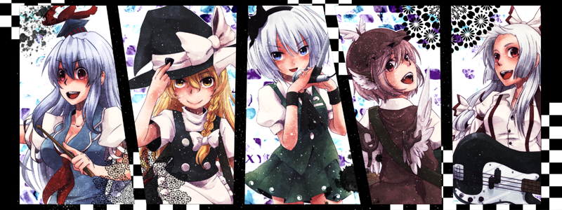 bad_id bad_pixiv_id blue_eyes braid fujiwara_no_mokou guitar hair_ribbon hat hat_ribbon instrument kamishirasawa_keine kirisame_marisa konpaku_youmu microphone multiple_girls mystia_lorelei pink_eyes pink_hair red_eyes ribbon side_braid silver_hair touhou urita_(vivivinicol) winged_hat wings witch_hat yellow_eyes