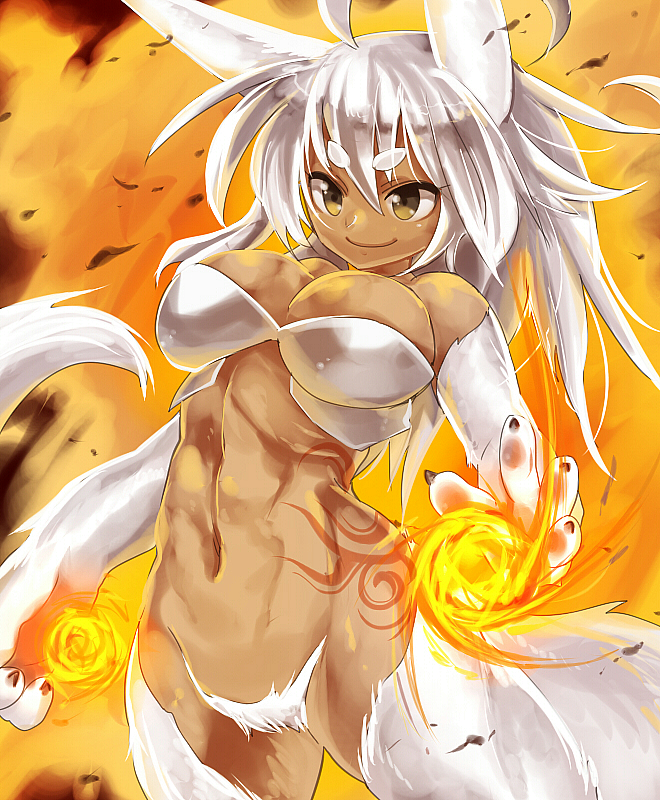 ahoge animal_ears bad_id bad_pixiv_id bare_shoulders bikini blush breasts censored claws collarbone convenient_censoring cowboy_shot debris fire flame grin large_breasts long_hair midriff mofuaki navel original paws pubic_hair short_eyebrows smile solo standing stomach swimsuit tail toned white_bikini white_hair