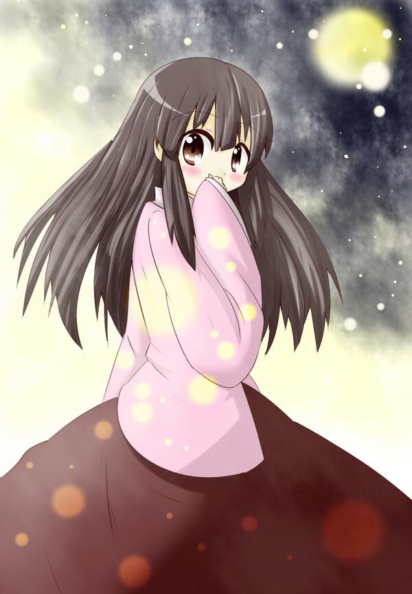 black_hair blush brown_eyes covering_mouth full_moon gradient gradient_background houraisan_kaguya japanese_clothes light_particles long_hair long_sleeves looking_at_viewer maikuro moon night night_sky sidelocks sky sleeves_past_wrists solo touhou wide_sleeves
