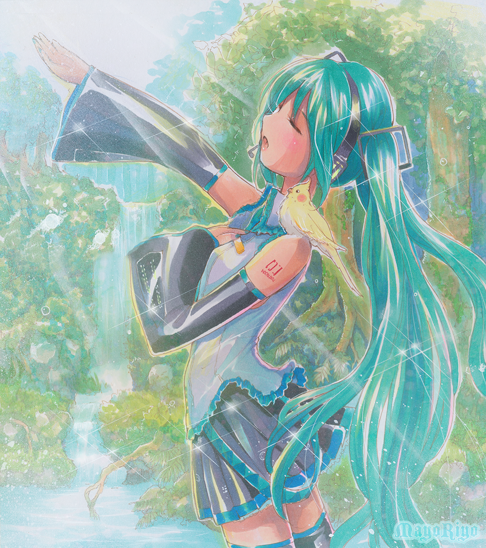 animal animal_on_shoulder aqua_hair artist_name bird bird_on_shoulder closed_eyes detached_sleeves hand_on_own_chest hatsune_miku headset long_hair mayo_riyo music open_mouth outstretched_arm singing skirt solo sparkle thighhighs traditional_media very_long_hair vocaloid water waterfall