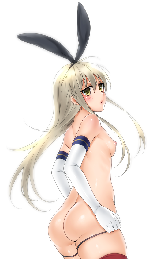 ass bad_id bad_pixiv_id black_panties blonde_hair blush breasts elbow_gloves gloves hairband kantai_collection long_hair looking_at_viewer nipples panties shimakaze_(kantai_collection) shiromayu simple_background small_breasts solo thighhighs topless underwear white_background white_gloves yellow_eyes