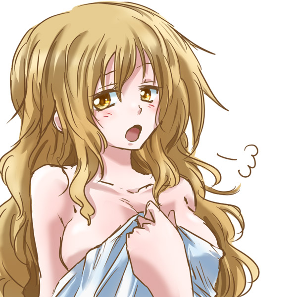 bare_shoulders blonde_hair blush breasts large_breasts long_hair looking_at_viewer naked_towel no_hat no_headwear open_mouth simple_background solo touhou towel unya upper_body watatsuki_no_toyohime white_background yellow_eyes