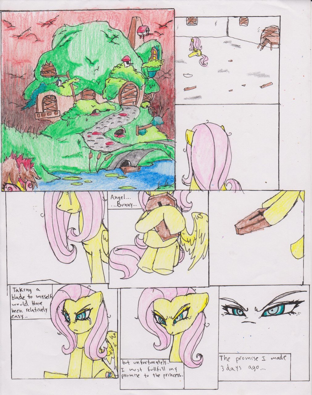 chaostone choastone coffin comic cross crying cutie_mark dialog english_text equine female feral fluttershy_(mlp) friendship_is_magic frown fur hair horse house long_hair mammal my_little_pony outside pegasus pink_hair pony red_eyes sitting solo tears text undead water wings yellow_fur zombie