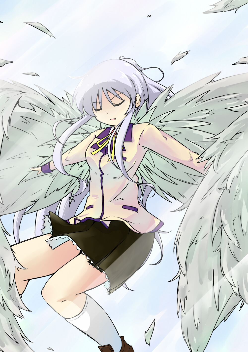 angel_beats! blazer closed_eyes highres jacket kuwagata long_hair outstretched_arms school_uniform silver_hair spread_arms tenshi_(angel_beats!) wings